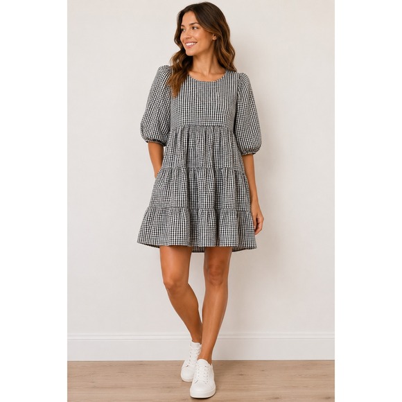 L.N.V. Dresses & Skirts - L.N.V. Womens Gingham Tiered Babydoll Dress Black White Puff Sleeve Size M